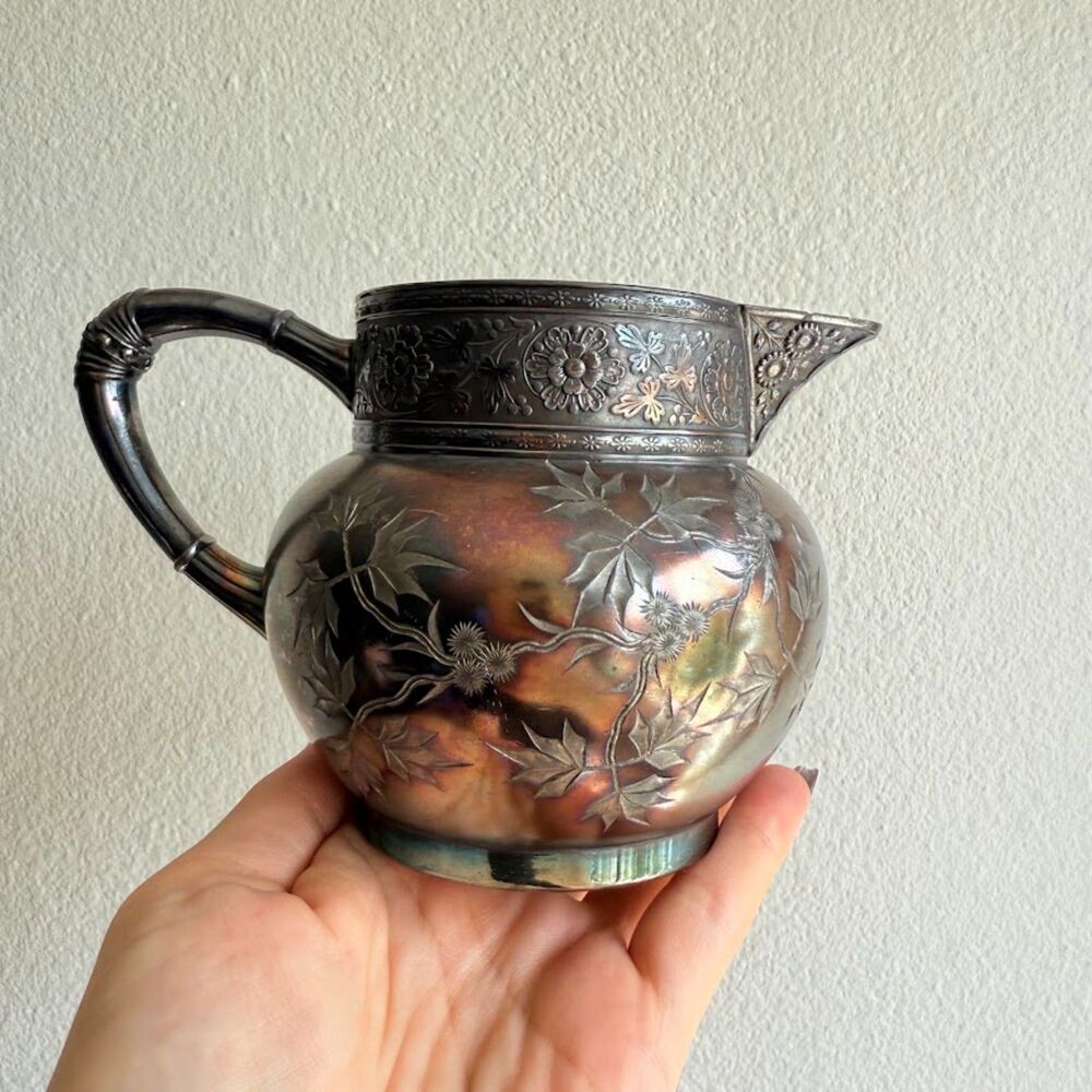 Antique James W Tufts Boston Quadruple Silver Plate Floral Engraved Creamer 1940